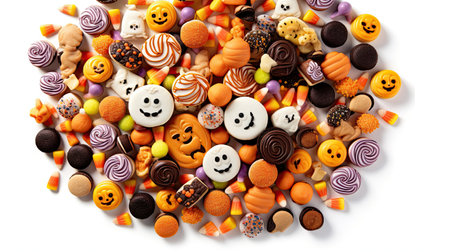halloween candis and candy on a white background with copy space in the middle left handout for this imageの素材