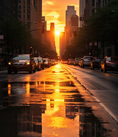 a city street with cars and buildings in the background as the sun is setting on the horizon, reflecting off the wet surfaceの素材