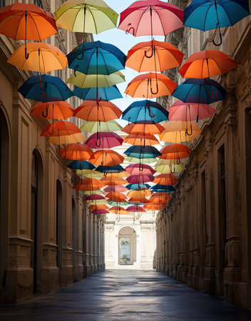 many colorful umbrellas hanging in the air above an empty street lined with buildings and people walking on either sidesの素材