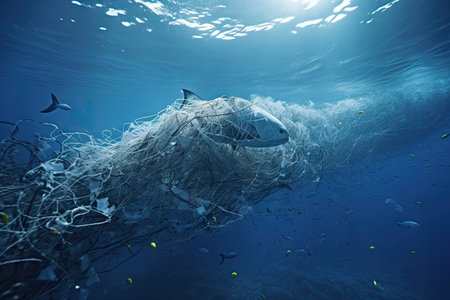 trash floating in the ocean with sunlight shining on its back and blue water around it, as seen from belowの素材