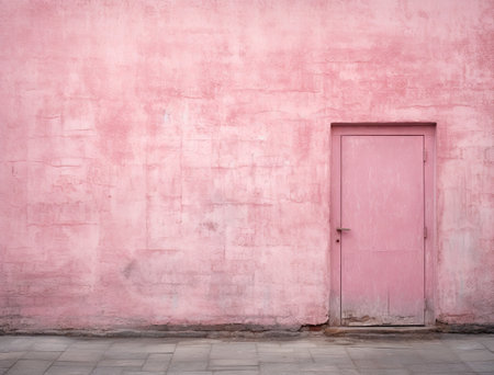 a pink wall with a door in the middle, taken from behind it is an empty space for text or imageの素材