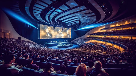 an auditorium with people sitting in the seats and watching a movie on the screen is projected by bright blue lightsの素材