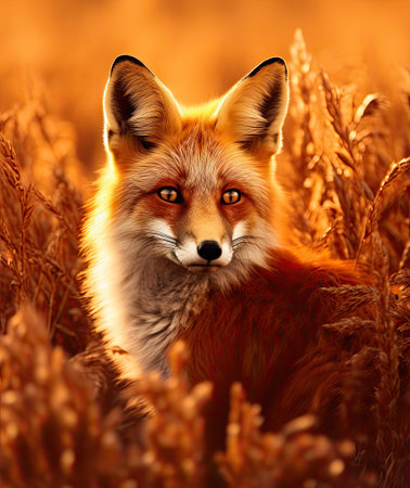 a red fox in the middle of some tall brown grass, looking at the camera with an intense expression on his faceの素材