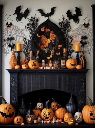 halloween decorations with pumpkins, bats and other items on the mantle in this living room is so spookの素材