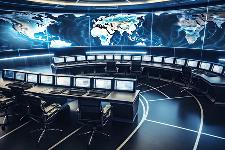 an office with multiple computer screens and world map on the wall behind it 3d renderings are available in high resolutionの素材