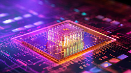 an electronic chip on top of a circuit board with colorful lights in the backgroundの素材