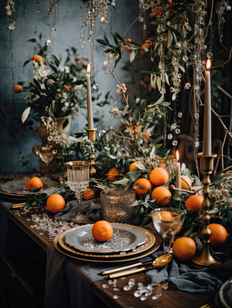 an elegant table setting with oranges, greene and candles in the centerpiece is surrounded by gold platewareの素材