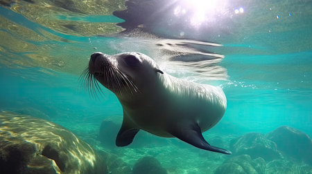 a sea lion swimming in the ocean with sunlight shining on its face and head, taken from below water surfaceの素材