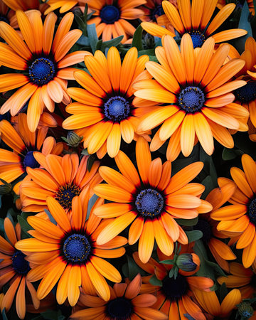 some orange flowers with green leaves in the middle and dark blue centers on the center, surrounded by smaller onesの素材