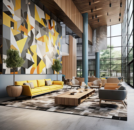 an office lobby with modern furniture and artwork on the walls 3d rendering, interior design, home decor, living room, wall artの素材