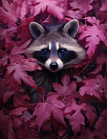 a rada in the fall leaves, with blue eyes and brown fur on its head looking into the cameraの素材