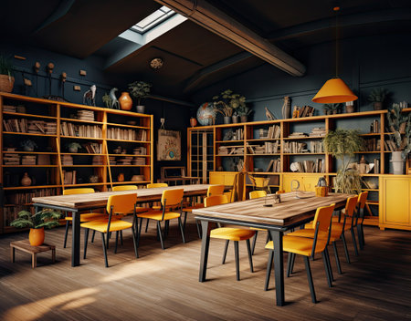 a dining room with yellow chairs and bookshels on the shelves there is an orange lamp above the tableの素材