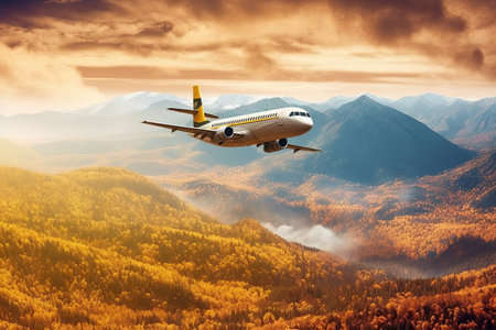 an airplane flying in the sky over a mountain range, with trees and mountains in the fore - eye viewの素材