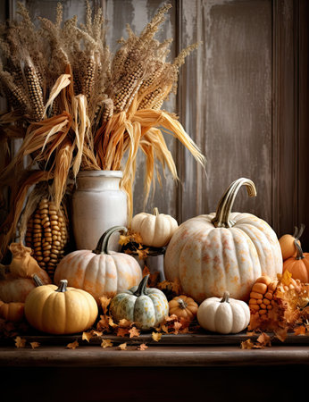 pumpkins and gourds on a wooden table with autumn leaves, corn and wheat in the background is an old barn doorの素材