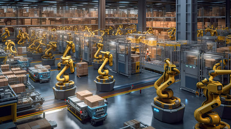 an industrial factory with robots working on the production line and conveying equipment in the background is a large warehouseの素材