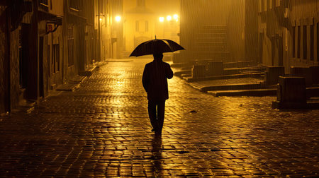a person with an umbrella walking down a street in the rain at night, holding an umbrella over their headの素材