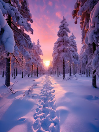 snow covered trees and tracks leading to the sun setting in the sky above thema, finland photo by tom krejcの素材