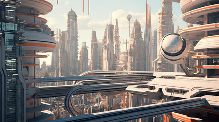 a futuristic city with lots of tall buildings in the distance, surrounded by orange and blue skyscrapers on either sideの素材