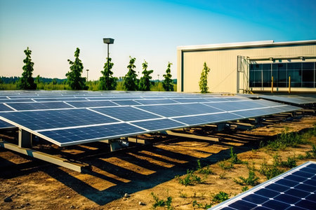 solar panels on the ground in front of a building with blue sky and green trees behind thems are visibleの素材
