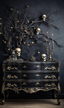 an old dresser with skulls and branches on it, in the background is a dark wallpapered room with black wallsの素材