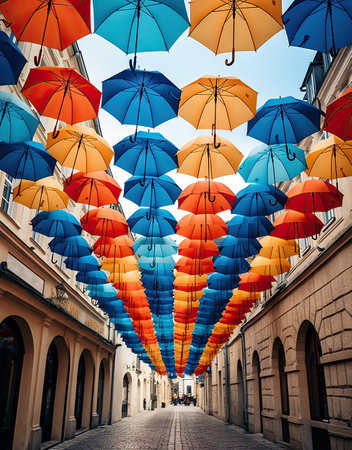 many colorful umbrellas hanging in the air above an empty street lined with buildings and people walking on either sidesの素材