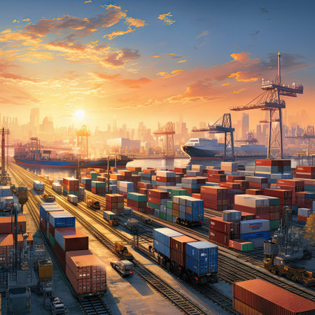 shipping containers in an industrial port at sunset, with the sun setting on the horizonの素材