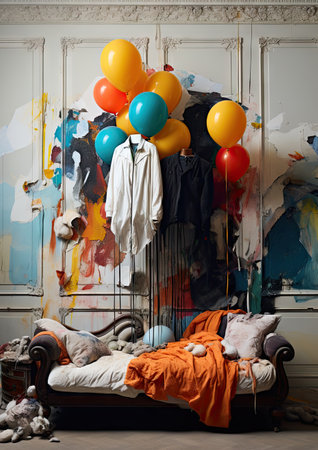an art room with balloons on the wall and clothes hanging from the ceiling in the room is messy, untituedの素材