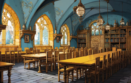 an old church with many tables and chairs in the middle part of the room, there is a stained glass windowの素材