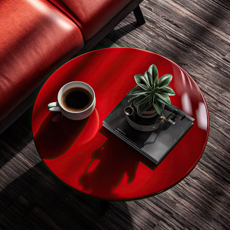 a red coffee table with a plant on it and a book sitting next to the cup, in front of a leather couchの素材