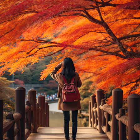 a woman walking on a wooden bridge in the fall season with red maple trees lining the walkway and yellow leavesの素材