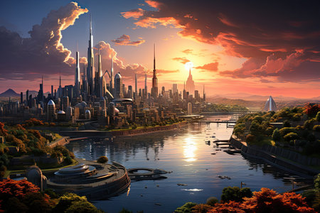 a futuristic city with skyscrapers in the distance, surrounded by water and trees on either side of the riverの素材
