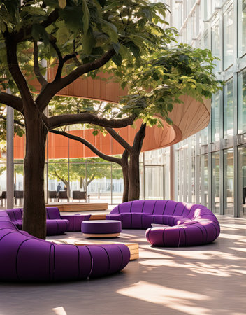 an outdoor area with purple bean chairs and a tree in the center, surrounded by glass walls that reflect sunlightの素材