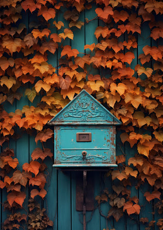 an old blue mailbox surrounded by autumn leaves on a green wooden door in the background is a wall full of orange and yellowの素材
