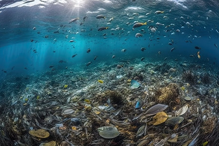 trash floating in the ocean, with sunlight shining through the water and some fish swimming on the seabedsの素材