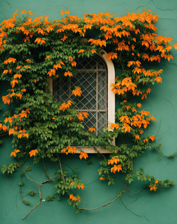 an orange vine growing on the side of a green building with a window in the background is a blue skyの素材