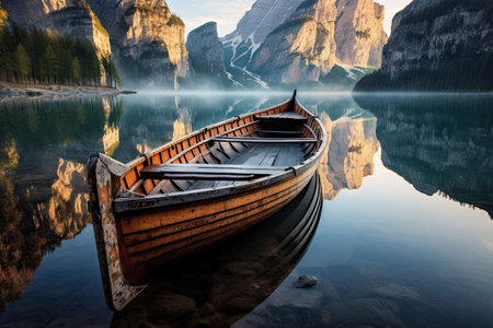 an old boat in the middle of a lake with mountains and trees reflected in the still calm water at sunriseの素材
