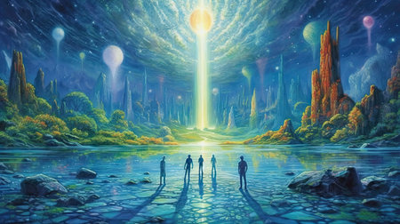 two people standing in the middle of a river, looking at an alien planet with bright light coming from itの素材