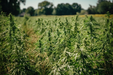 cannabis plants growing in a field with blue sky and trees in the background photo is cropped image used for hssの素材