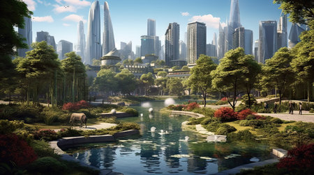 a city with lots of buildings and trees in the foregrounded area, surrounded by lush green foliagesの素材
