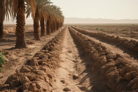 some palm trees in the middle of an arid area with rocks and dirt on either side of the road,の素材