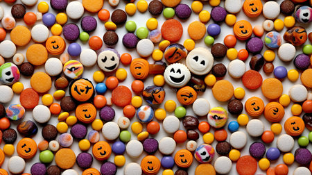 many different colored candis with smiley faces on them, all in the same colors and shapes for halloween candyの素材