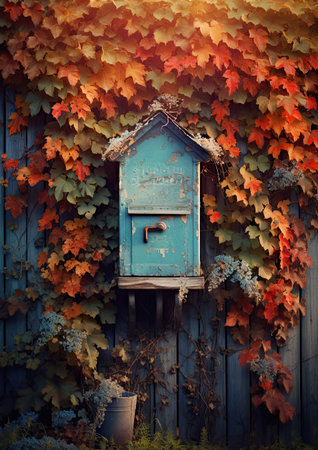 an old blue birdhouse surrounded by autumn leaves on a wooden fence in the background is a bunch of flowersの素材