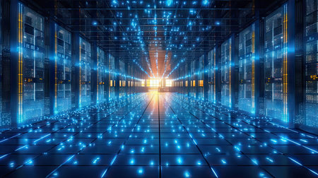 the inside of a server room with blue lights and rows of servers on either side, all connected to each other data centersの素材