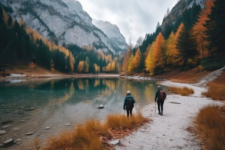 two people walking on a path next to a body of water surrounded by trees in the background is a mountain rangeの素材