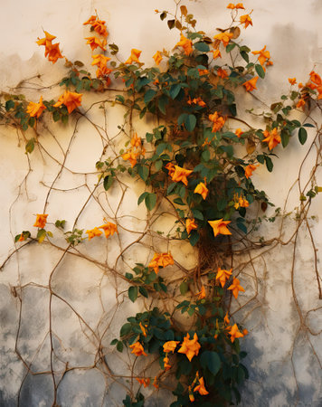 orange flowers growing on the side of a white wall with vines and ivys around it, in an urban areaの素材