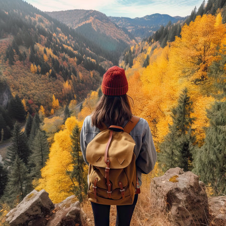 a woman with a backpack looking out at the mountains and trees in autumn, wearing a red beanie hatの素材