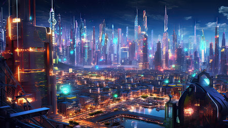 futuristic city at night, with neon lights and skyscrapers in the fore - image courtesy from cyberland comの素材