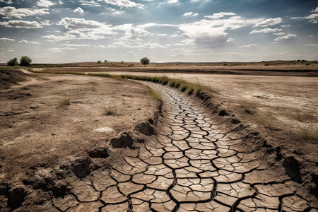 an arid area with cracked mud and grass in the fore, under a blue sky filled with white fluffy cloudsの素材