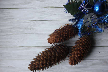 Christmas decorations in blue (herringbone, gift, ball) Merry Christmas and Happy New Year!の写真素材