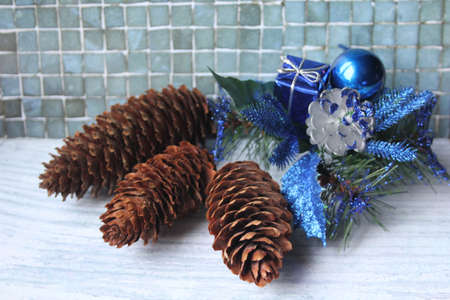 Christmas decorations in blue (herringbone, gift, ball) Merry Christmas and Happy New Year!の写真素材